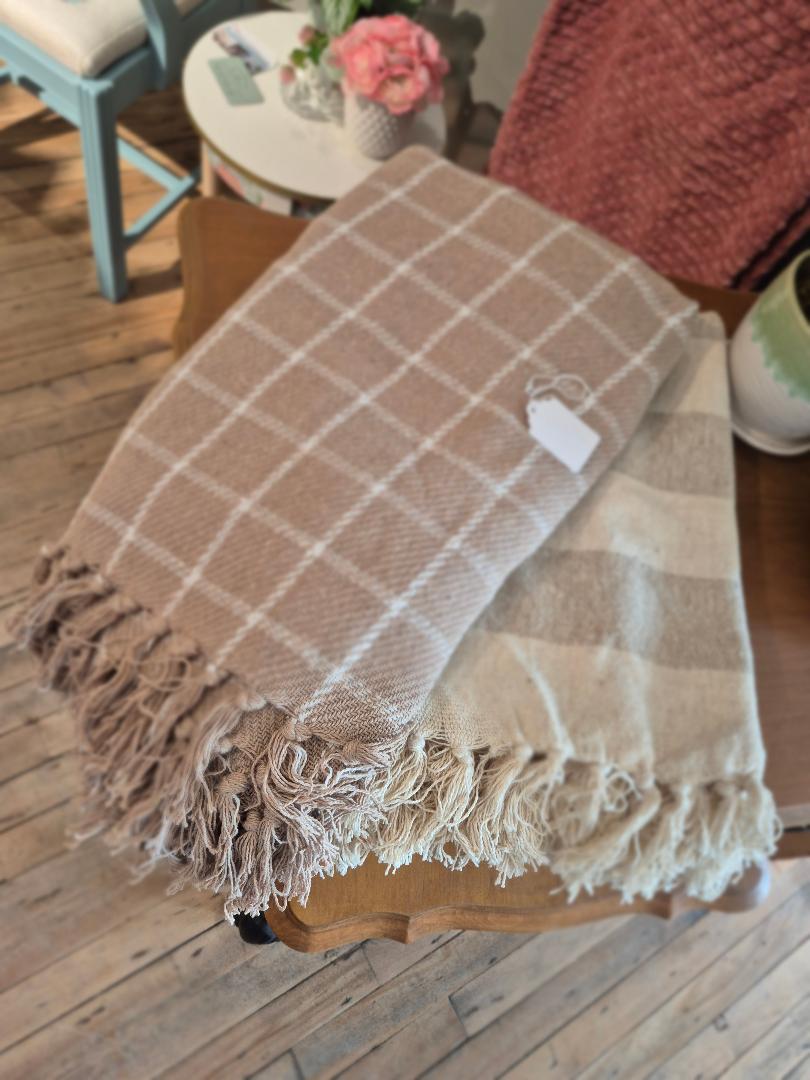 Boho Beige Patterned Throws w/ Fringe