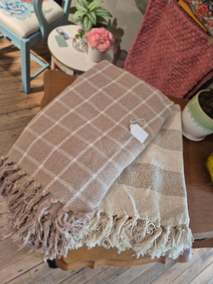 Boho Beige Patterned Throws w/ Fringe