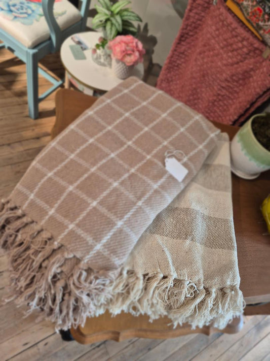 Boho Beige Patterned Throws w/ Fringe